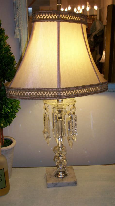 antique metal round table with fabric top and hanging crystals|Vintage Table Lamp With Hanging Crystals .